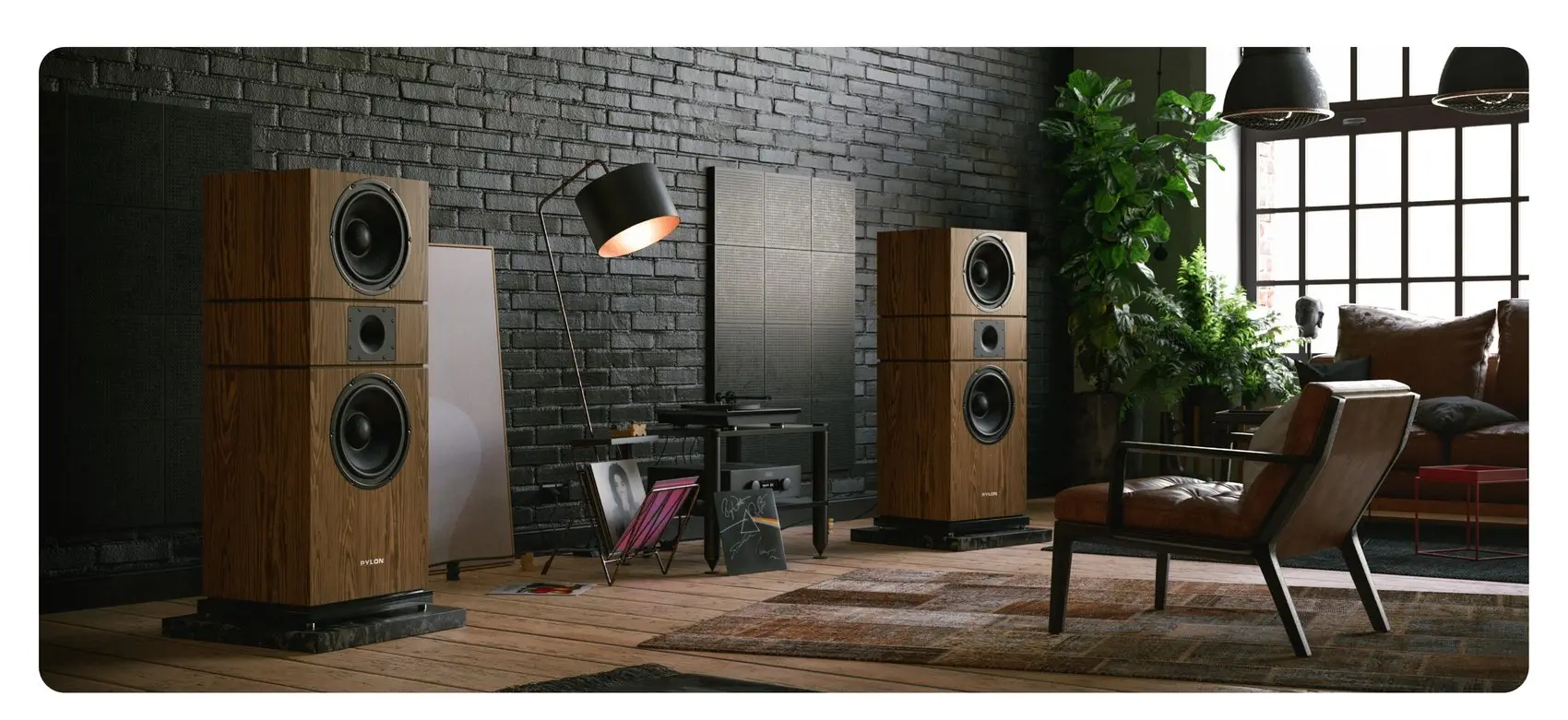 Pylon Audio loudspeakers in a refined loft interior